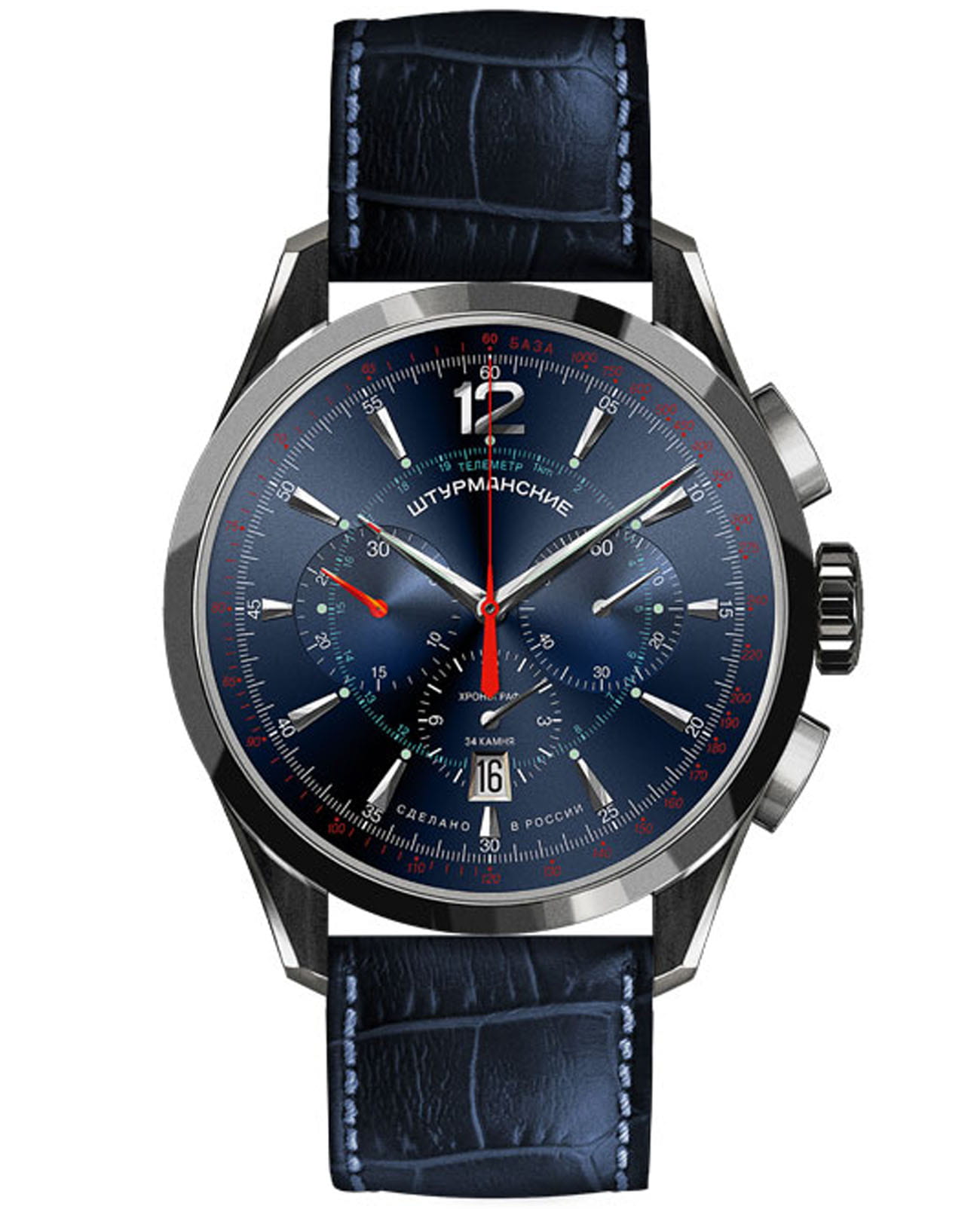 Штурманские Штурманские Открытый Космос NE88-1855555  NE88-1855555 механические мужские часы синий циферблат, браслет кожаный — вид спереди